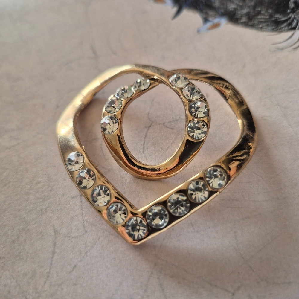 Gold Heart-Shaped Crystal Brooch